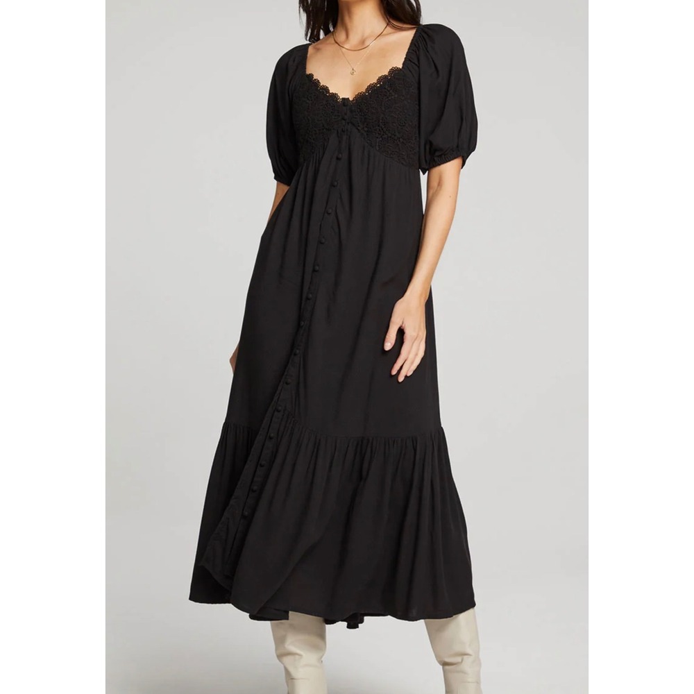 Saltwater LUXE Liana Romantic Boho Midi Dress Black Lace Puff Sleeve‎ Tiered